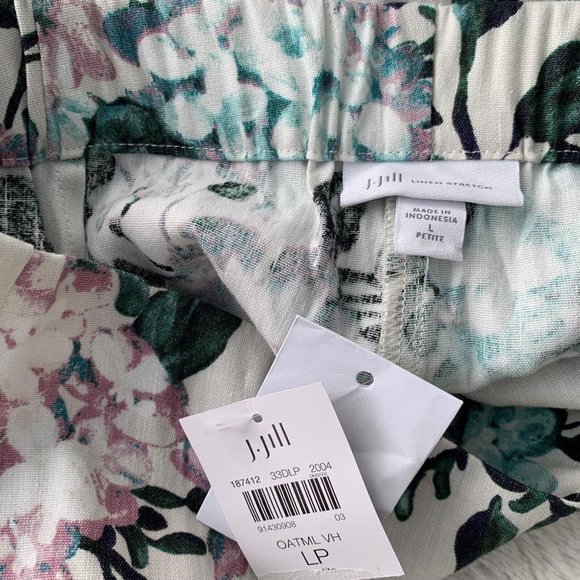 NWT J.Jill Stretch Linen - Oatmeal floral linen cropped pant button hem L Petite - Picture 5 of 6